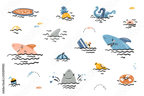 Cartoon Summer Sea Icons. Cute Shark Smiling Characters with Various Objects and Food Floating or Sinking in Water Vector Set for Kids Fashion, Nursery, Scandinavian Print or Poster