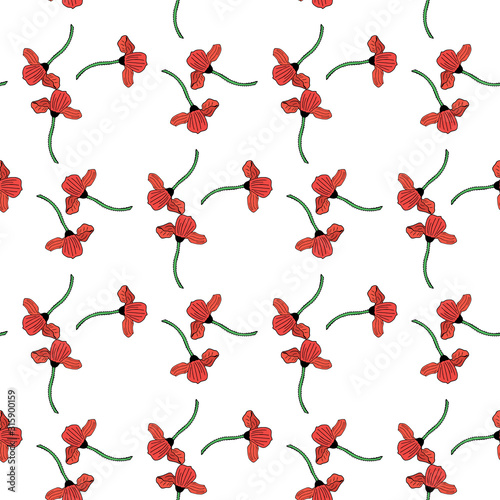 Seamless background with round frame of red poppy. Endless pattern with flowers on white background. Vector image.