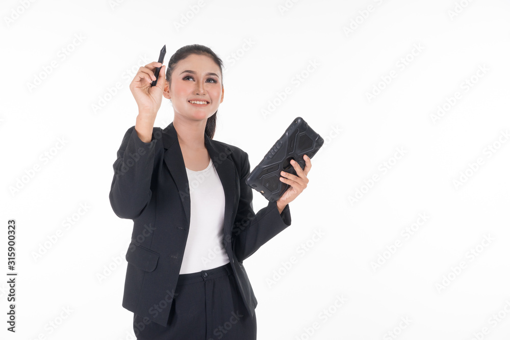 An attractive woman wearing business attire holding a tablet with various poses isolated on white background. Suitable for image cut out and manipulation works for technology,business or finance theme An attractive woman wearing business attire holding a tablet with various poses isolated on white background. Suitable for image cut out and manipulation works for technology,business or finance theme