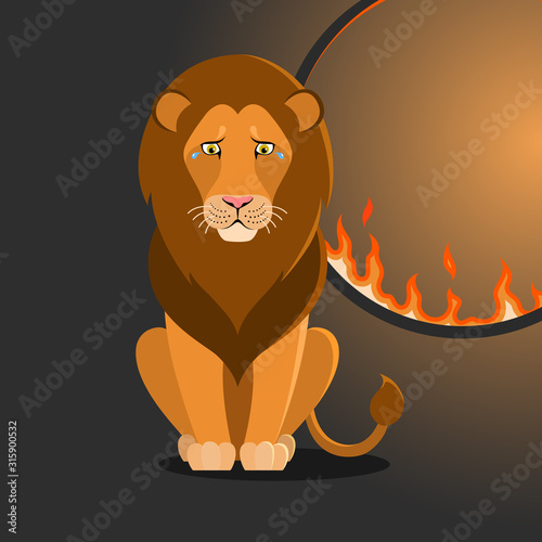 Isolated cartoon sitting lion near flaming hoop on black background. Colorful sad lion. Wild animal personage. Problem of exploitation of wild animals in circuses. Flat design.