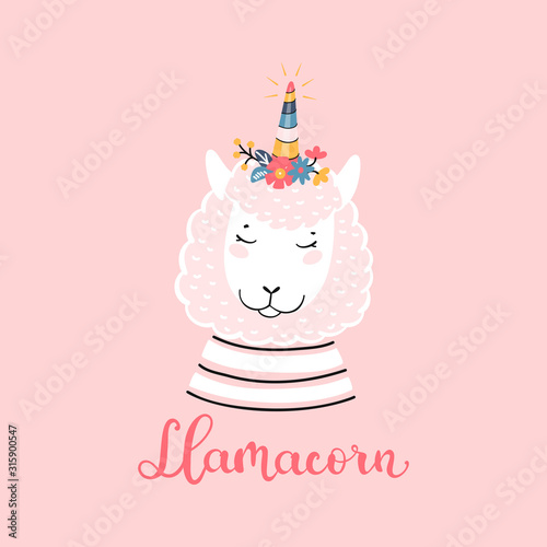 T-shirt Print Design for Kids with Little Funny Llamacorn. Doodle Magic Cute Unicorn Llama with Flower Horn. Cartoon Animal Vector illustration. Scandinavian Poster, Baby Shower Greeting Card, Nursery photo