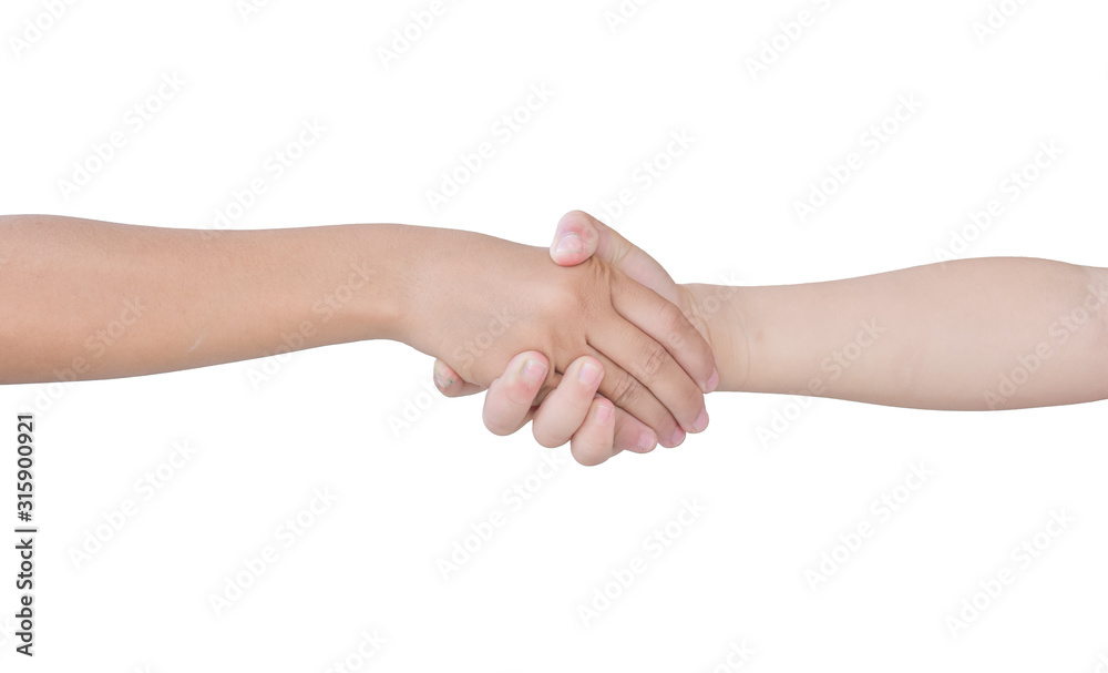 Child shaking hands with a teenager isolated on a white background. with clipping path.