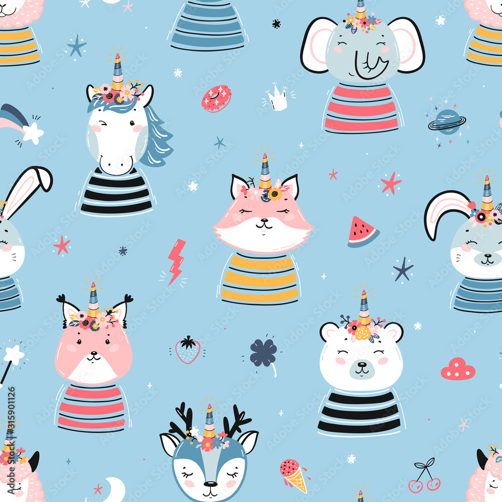 Magic Cute Unicorn Animals with Flower Horn and Summer Symbols Vector ...