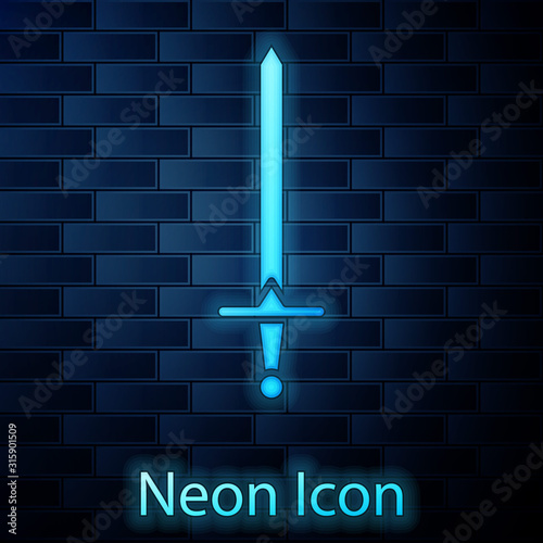 Glowing neon Medieval sword icon isolated on brick wall background. Medieval weapon. Vector Illustration