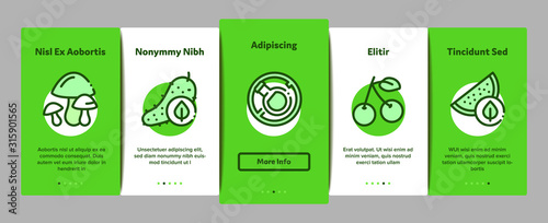 Organic Eco Foods Onboarding Mobile App Page Screen Vector. Organic Tomato And Mushrooms, Peach And Grape, Apple And Cherry Concept Linear Pictograms. Color Contour Illustrations