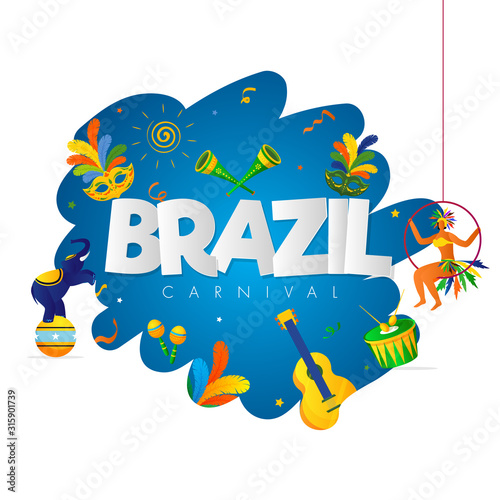 Brazil Carnival Text with Samba Woman, Mask, Circus Elephant and Music Instrument on Abstract Background.