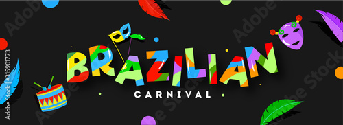 Colorful Brazilian Carnival Text with Mask  Drum  Mustache Stick and Feather Decorated on Black Background.