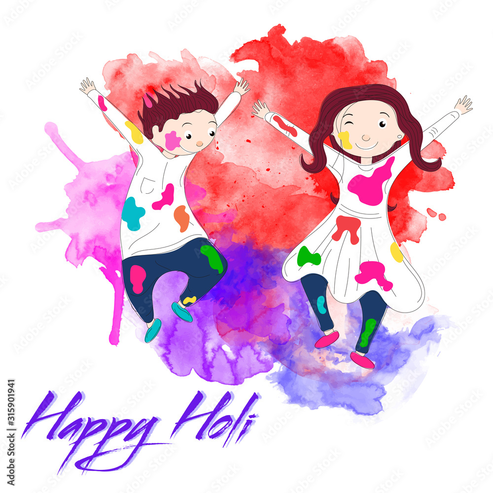 Cute Boy and Girl Celebrating Holi Festival on Watercolor Effect Background. Cute Boy and Girl Celebrating Holi Festival on Watercolor Effect Background.