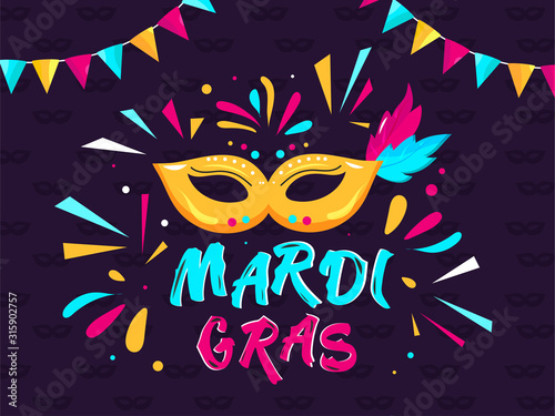 Creative Mardi Gras Text with Party Mask  Confetti and Bunting Flag Decorated on Purple Background.