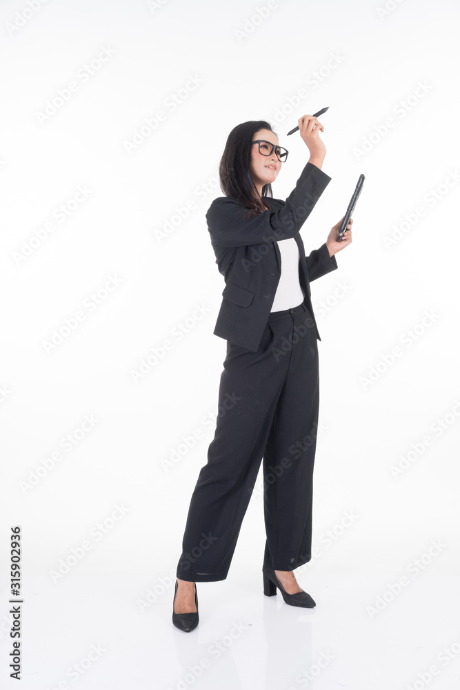 An attractive woman wearing business attire holding a tablet with various poses isolated on white background. Suitable for image cut out and manipulation works for technology,business or finance theme An attractive woman wearing business attire holding a tablet with various poses isolated on white background. Suitable for image cut out and manipulation works for technology,business or finance theme