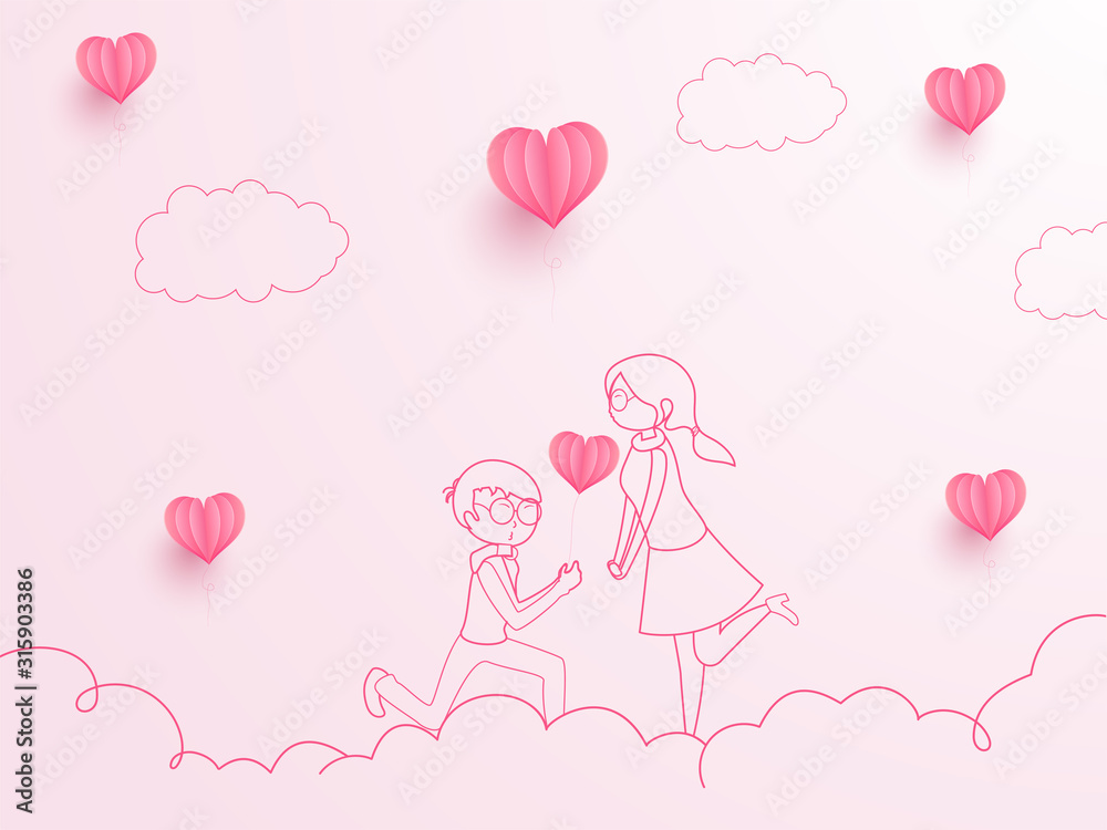Line Art Illustration of Boy Proposing To His Girlfriend on Pink Cloud Background Decorated with Paper Cut Hearts.
