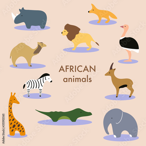 Collection of african animals and savannah mammals. Set of cute cartoon isolated characters and icons. Lion  elephant  giraffe  crocodile. Vector illustration in flat style.
