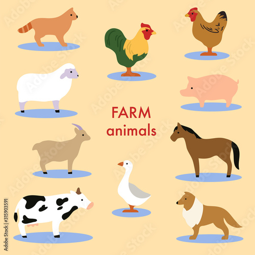 Collection of farm animals and domestic birds. Set of cute cartoon isolated characters and icons. Horse, sheep, cow. Vector illustration in flat style.