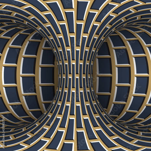 Moving torus of blue beige brickwork pattern. Vector hypnotic optical illusion illustration.