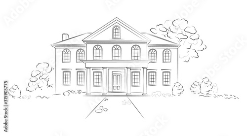 Linear architectural sketch modern detached house. Project of big residence or hotel on white background.