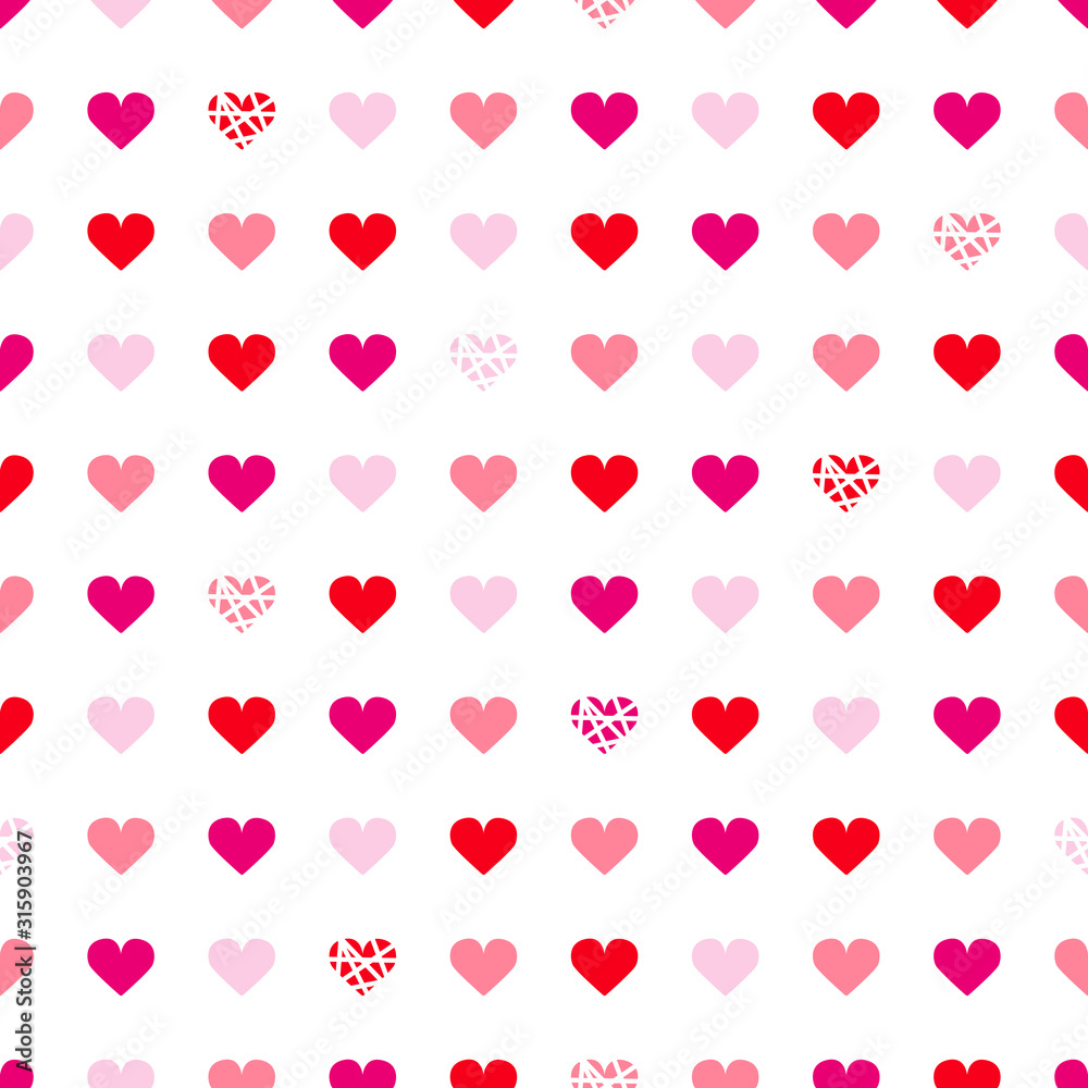 Valentine seamless pattern with hearts on white background. For wallpaper, gift and wrapping paper, greeting card and wedding invitations, textile, fabric, linen, pajamas, web page.