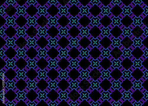 Seamless geometric pattern design illustration. Background texture. Used gradient in blue, purple colors on black background.