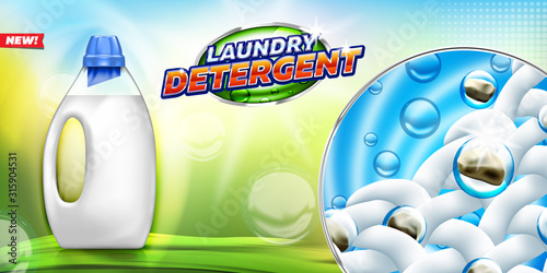 Laundry detergent  banner show removal of dirt from the fabric. Blank bottle filled by washing gel, on bright blue background ready for branding and ads design. 