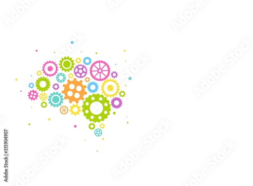 bright brain made of colorful gears and wheels icon isolated on white background.