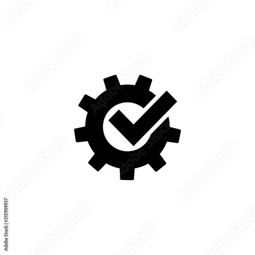 Black gear with tick icon. Vector flat illustration for technology or innovation.