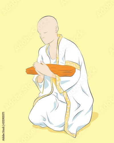 Newly ordained Buddhist monk pray with priest procession. Newly ordained Buddhist monks have a ritual in the temple procession. vector illustration isolated cartoon hand drawn