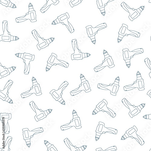 Drill icon. Vector seamless pattern with hand drawn isolated construction materials on white color. Pattern on the theme of building. Background for use in design, packing, fabric