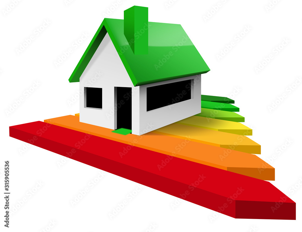 House energy efficiency rating. 3d illustration of a residential building with the energy performance chart, isolated on white background