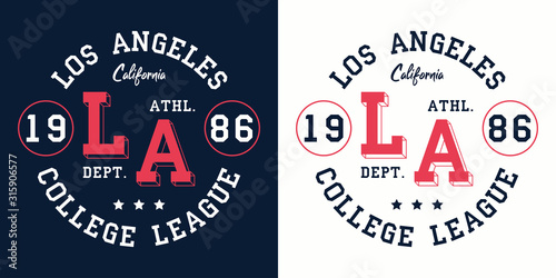 LA college league print for t-shirt design. Los Angeles, California typography graphics for college apparel. Vector illustration.
