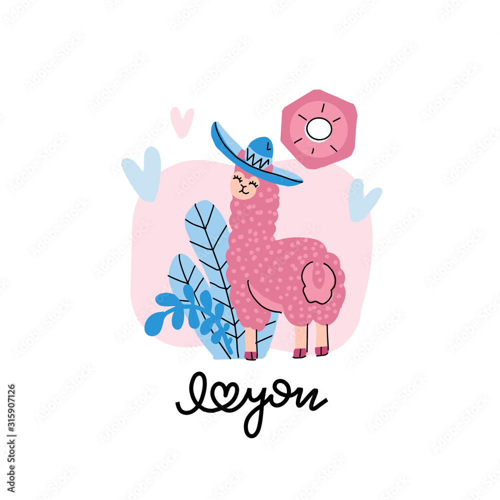 Cute llama in a hat with hearts on a pink background with floral elements. Valentine's day card with lettering I love you Cute llama in a hat with hearts on a pink background with floral elements. Valentine's day card with lettering I love you