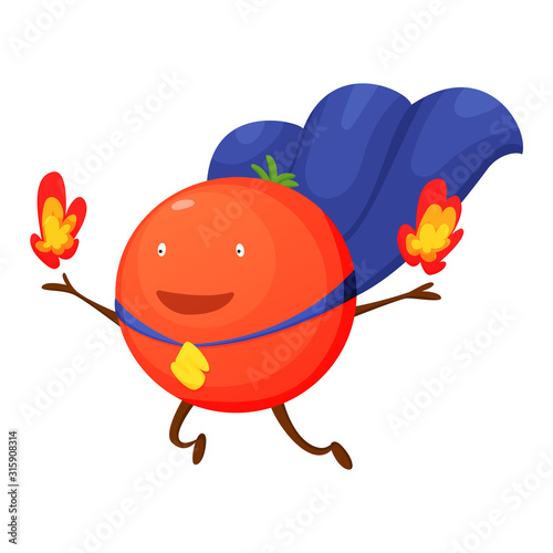Vector vegetable cartoon character of superhero expression. Funny personage of tomato. Vegetarian diet. Isolated on white background