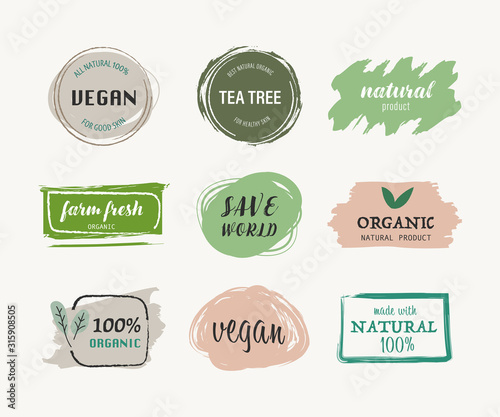 natural and organic label green color and vegan fresh food banner. agriculture mark logo badges design.