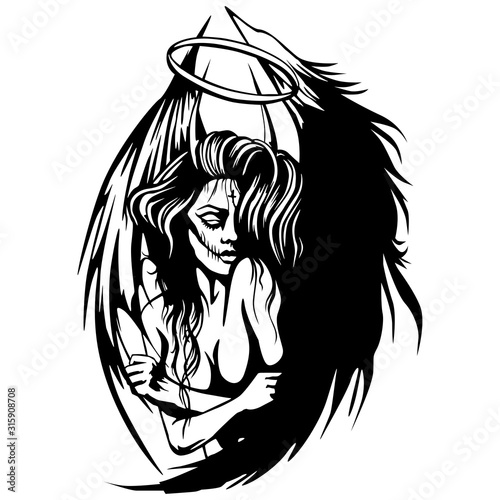 A beautiful woman who is joined by an angel and a demon stylized in Gothic style