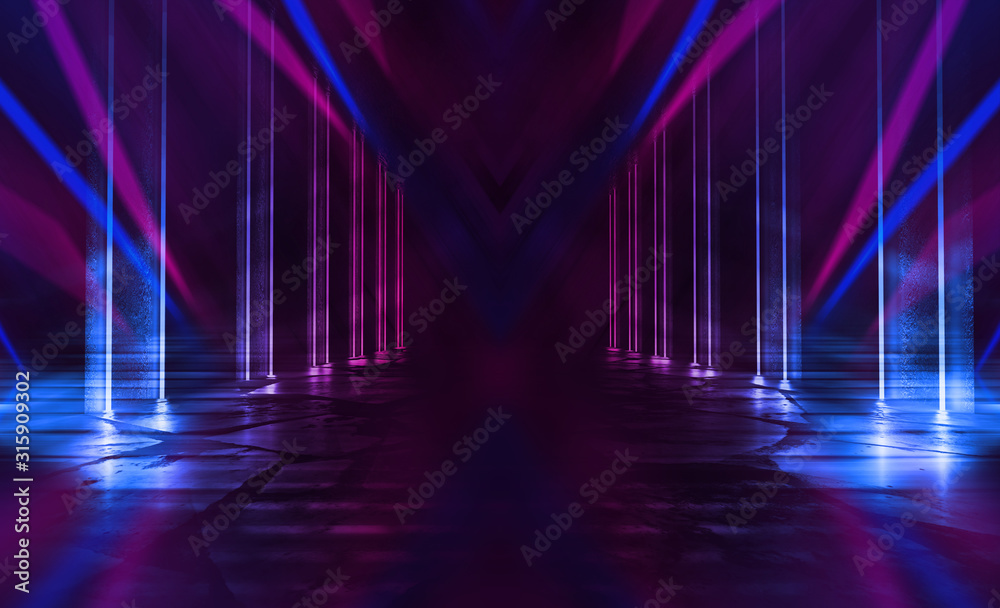 Empty dark abstract background. Background of empty show scene. Glow of neon lights and neon figures on an empty concert stage. Reflection of light on the pavement. Empty dark abstract background. Background of empty show scene. Glow of neon lights and neon figures on an empty concert stage. Reflection of light on the pavement.