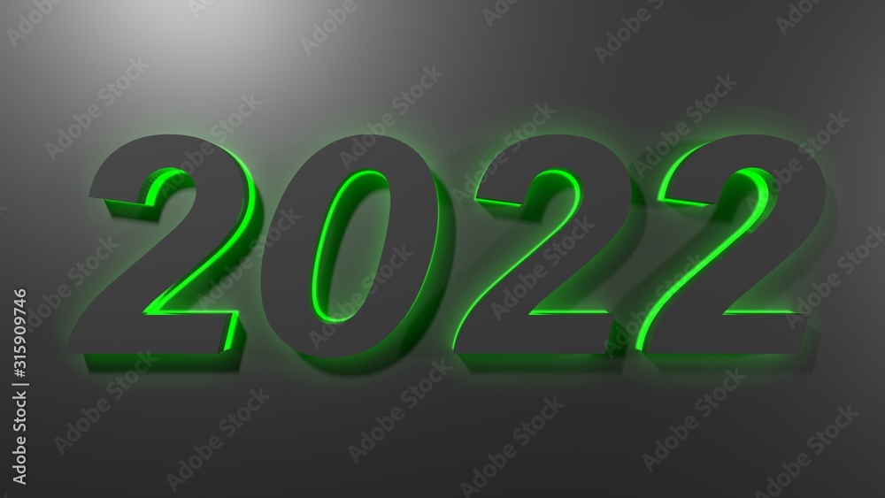 2022 in black digits with green back light, on a black surface - 3D rendering illustration 2022 in black digits with green back light, on a black surface - 3D rendering illustration