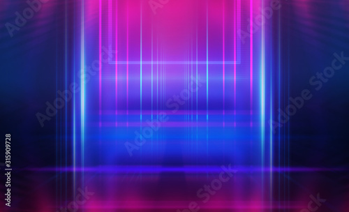 Empty dark abstract background. Background of empty show scene. Glow of neon lights and neon figures on an empty concert stage. Reflection of light on the pavement.