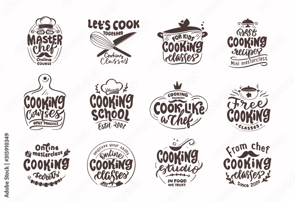 Cook, cooking stamps. Set of vintage retro handmade badges, labels and logo elements, symbols, phrases, slogans for cooking school, sooking studio,