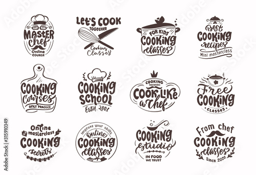 Cook, cooking stamps. Set of vintage retro handmade badges, labels and logo elements, symbols, phrases, slogans for cooking school, sooking studio,