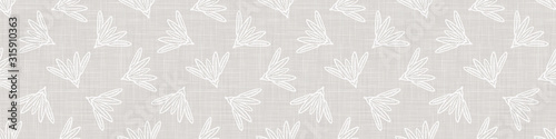 Gray french linen texture border background printed with white leaf flourish. Natural ecru summer country style seamless ribbon edge pattern. Ornamental woven nature motif.  Chic wedding trim