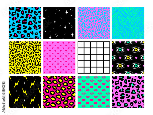 Set of seamless patterns in trendy acid psychedelic cosmic style.