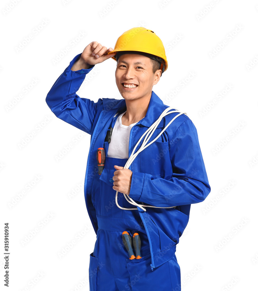 Handsome Asian worker on white background