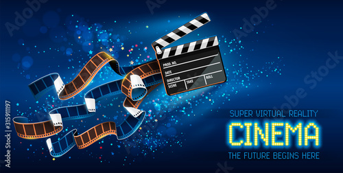 Cinema producers clapperboard for film making flying in Space with trails of stars and film-strip films. Super virtual reality online movie theater concept on blue background. Vector illustration.