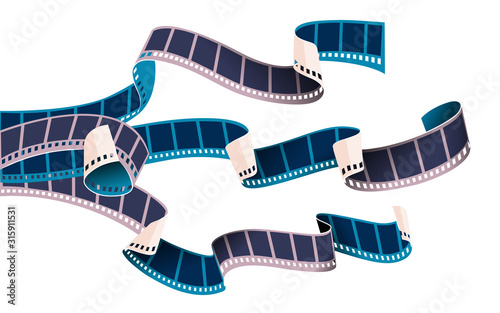 Stripes of movie cinema film reels tape isolated on white transparent background. Vector illustration.