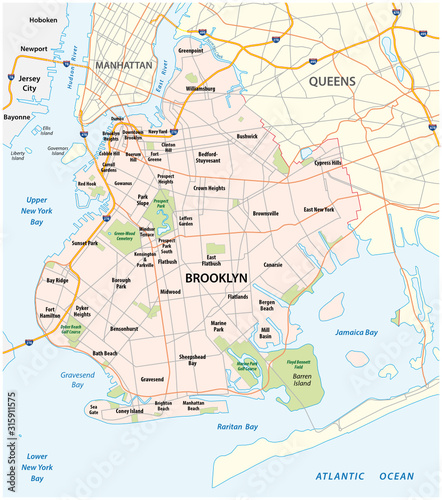 Map of the roads and neighborhoods of new york borough brooklyn