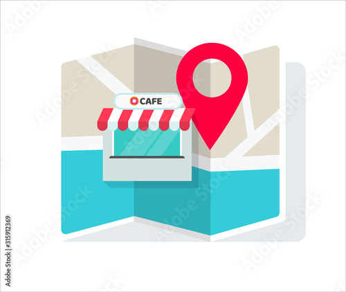 Cafe shop or store location with pin pointer and navigation map vector illustration flat cartoon, idea of restaurant position or place geo location sign isolated image