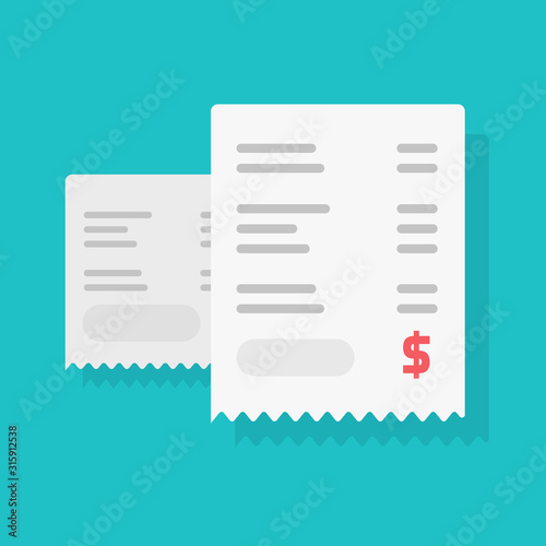 Receipt pay or paper bill payment vector illustration flat cartoon, concept of tax or invoice isolated modern design symbol image