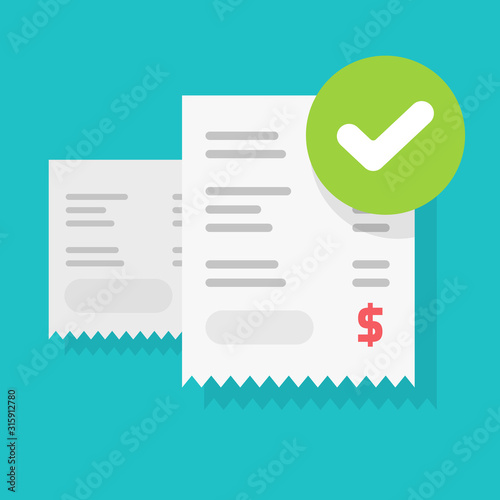 Success bill payment or approved money transaction notice vector illustration flat cartoon, finance receipt invoice with checkmark or tick as successful pay or verification isolated image
