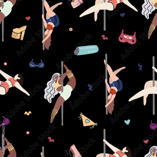 Vector cute seamless pattern with pole dance girls on a dark background. Pole dance illustration for fitness, striptease dancers, exotic dance. Body positive