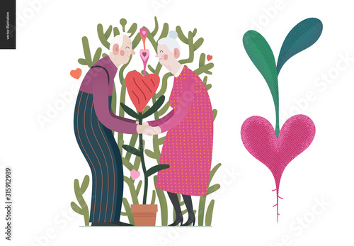 Elderly couple in love - Valentines day graphics. Modern flat vector concept illustration -an old hetoresexual couple holding their hands, a heart shaped plant between. Cute characters in love concept
