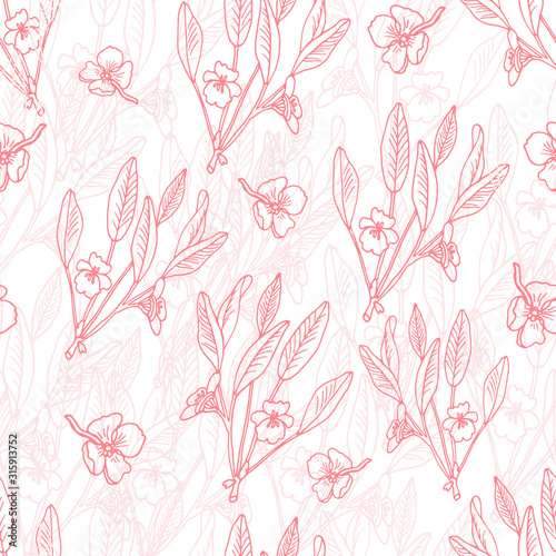 Seamless pattern of bright flowers and leaves on a white background.