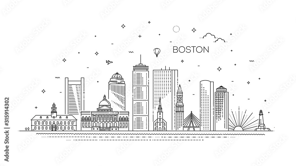 Boston architecture line skyline illustration. Linear vector cityscape with famous landmarks